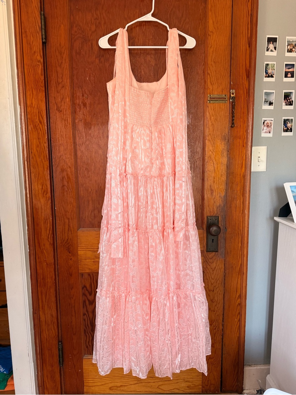 Picturesque Allure Blush Pink Jacquard Tie-Strap Maxi Dress - Picture 3 of 5